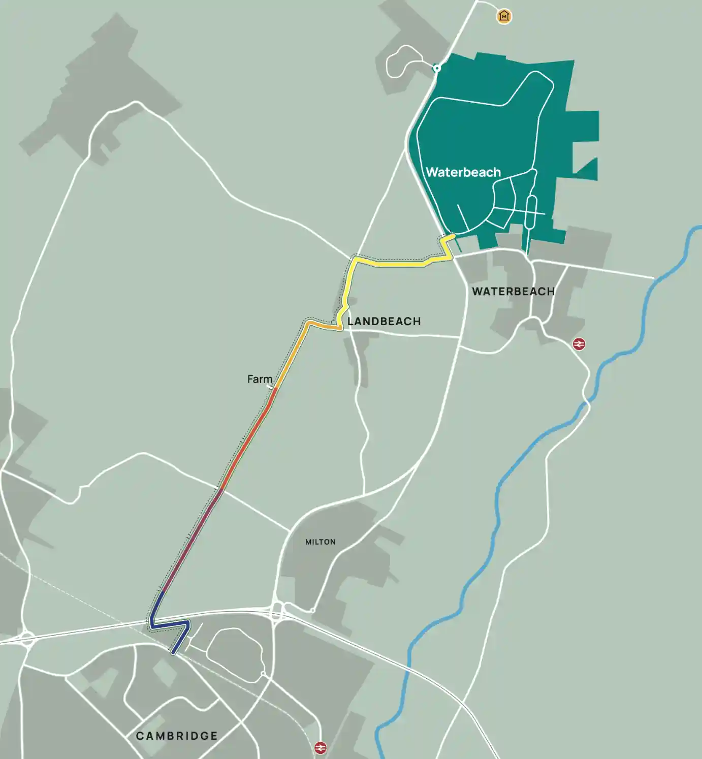 Map showing the Mere Way route between Waterbeach in the north and Cambridge in the south.